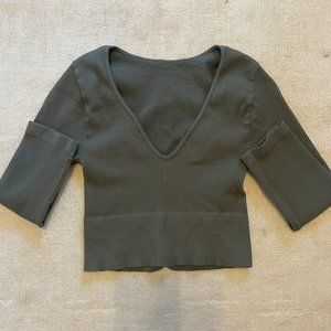 Ribbed V-neck Long sleeve Green Crop